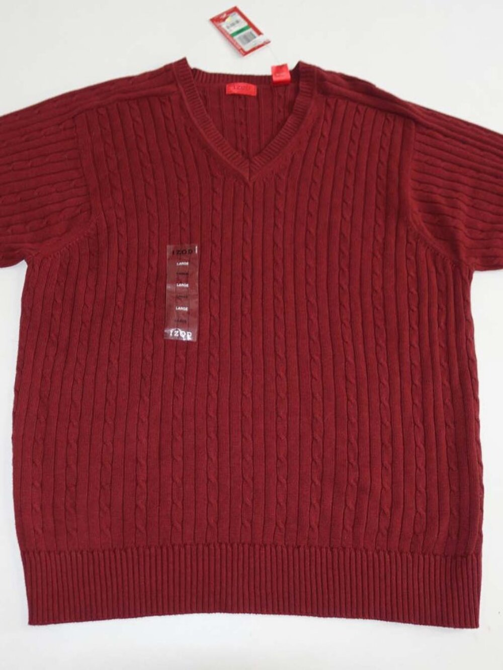 Izod Men's V-Neck Sweater Large NWT Orangish Red 100% Cotton Cable Knit Pullover